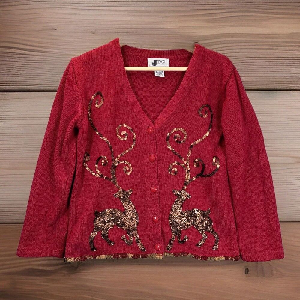 Vintage Holiday Cardigan Sweater Sz S Red Sequined Reindeer Tapestry‎ Trim